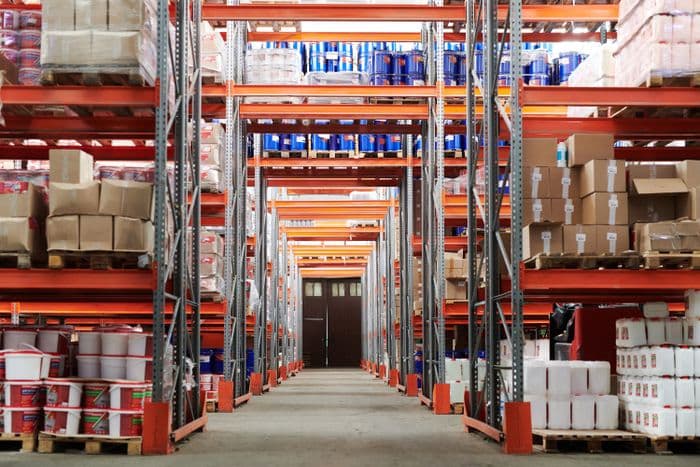 Warehouse inventory with organized industrial shelving