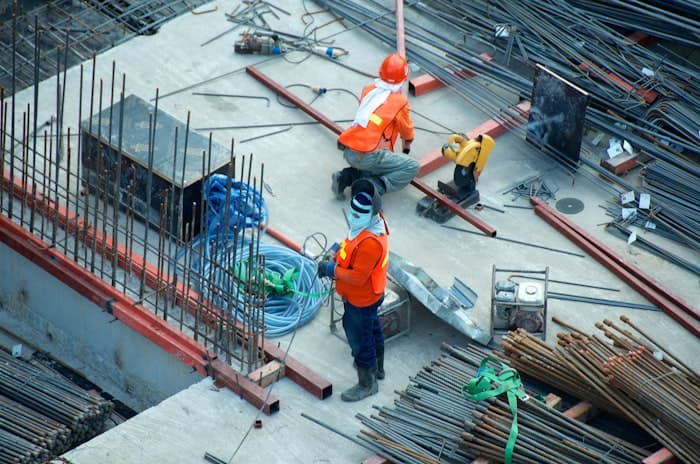 Active construction site with structural steel framework