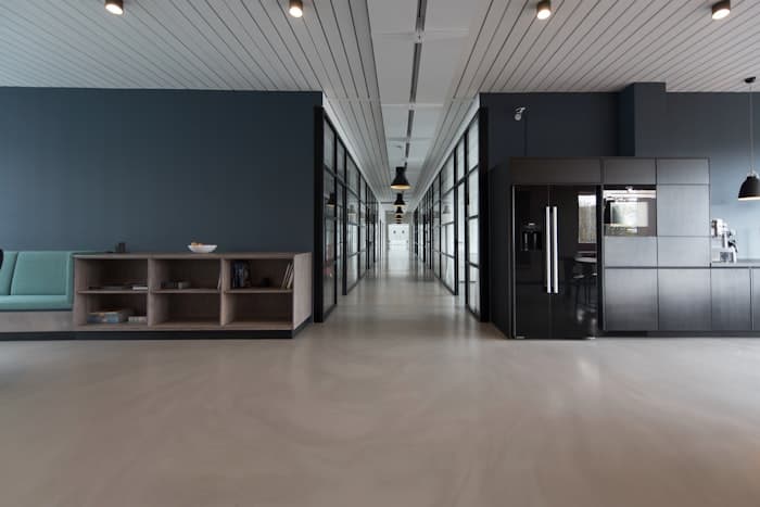 Corporate office space with glass partitions and fittings